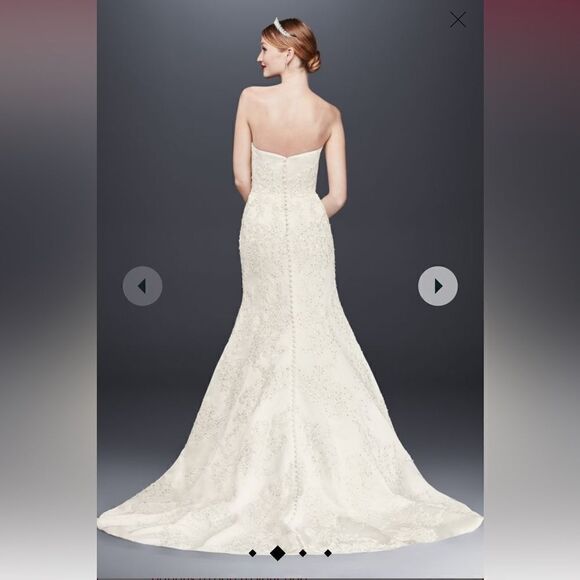 oleg cassini satin lace strapless trumpet beaded wedding‎ dress 6 - Picture 2 of 16